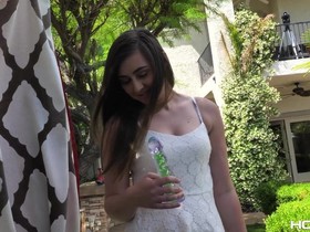 Innocent looking babe deeply assfucked in the backyard
